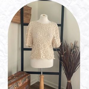 Woven Heart Top XL Cute Beige Crocheted Open Knit Boho Crochet Shirt Blouse